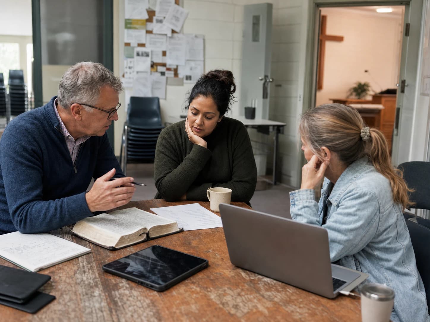 An AI-generated editorial scene of adult church members discussing a Bible passage and a laptop answer together.