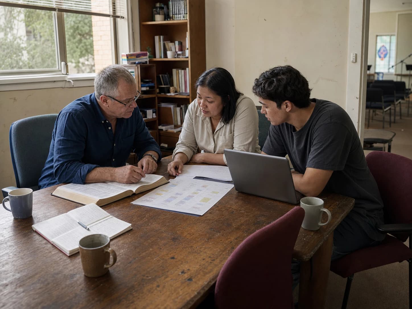 An AI-generated editorial scene of an adult church ministry team planning together around a table.