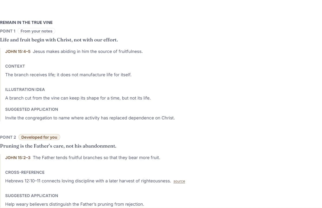 Pastorly build review showing From your notes and Developed for you sections with visible source links.