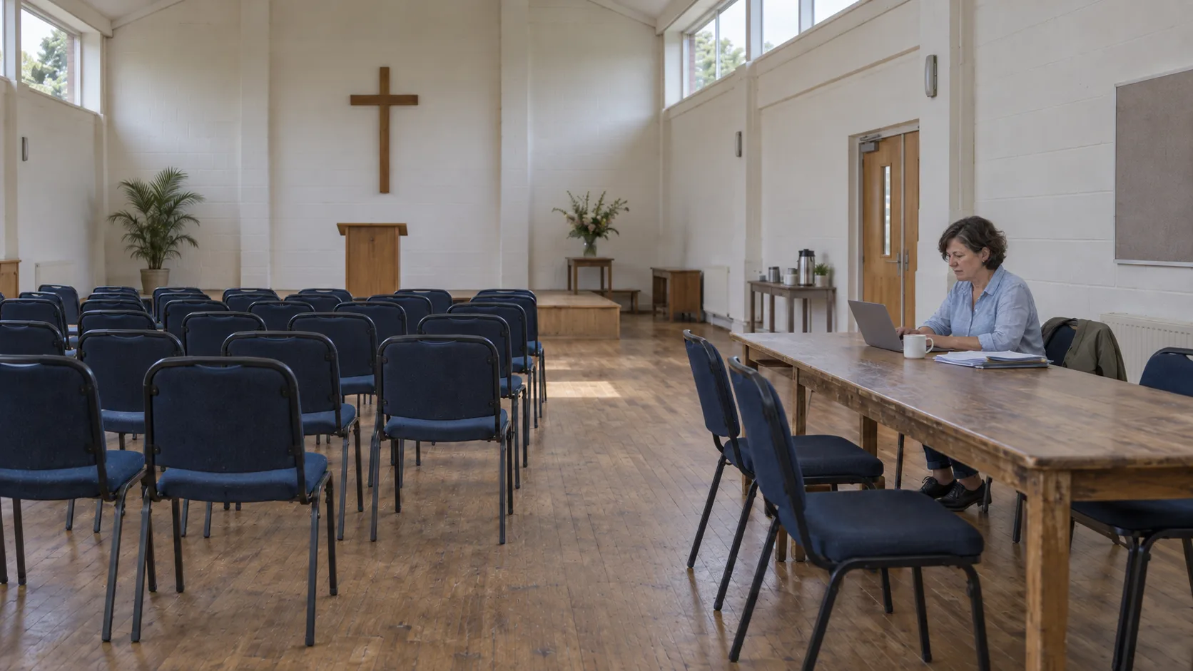 A church hall on a weekday: rows of empty blue chairs facing a plain wooden lectern and cross, with one volunteer working at a laptop alone at a long table to the right.
