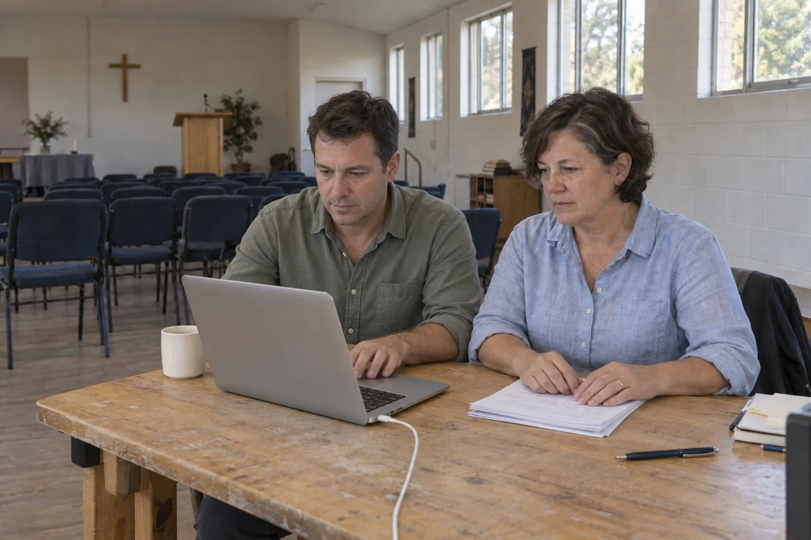 Two church volunteers sit together at a table. One works the laptop while the other watches the screen with a stack of notes in front of them.