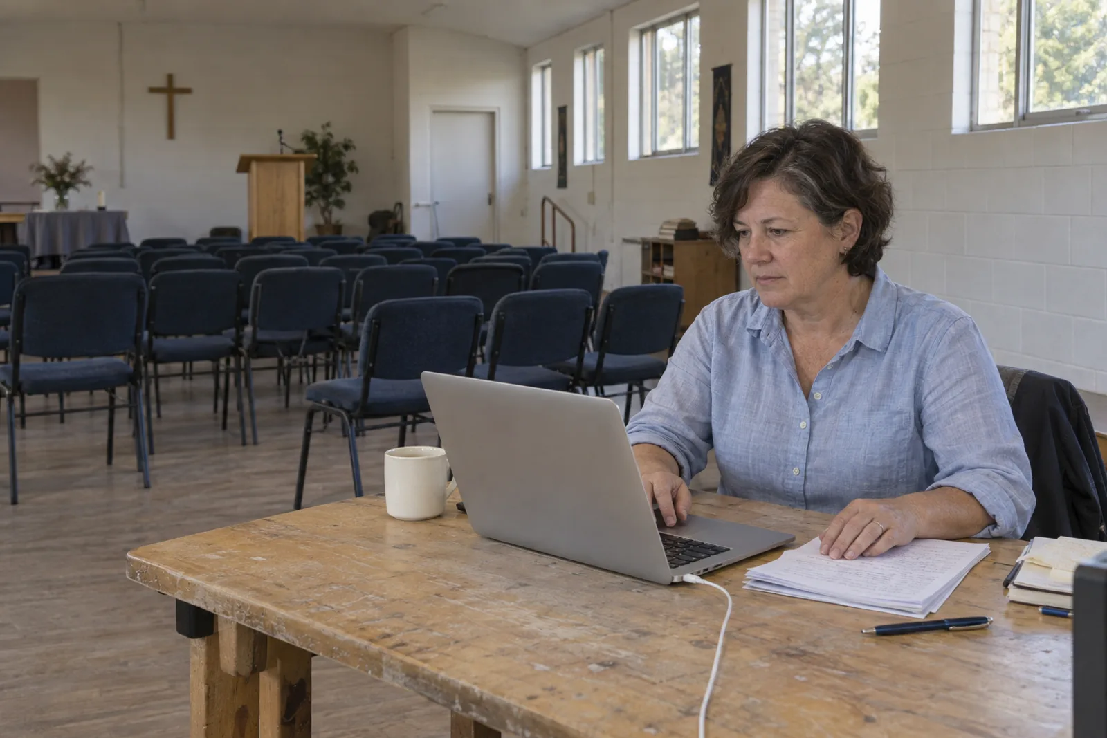 A church volunteer sits at a timber table with a laptop and a stack of handwritten notes, rows of empty chairs behind them.