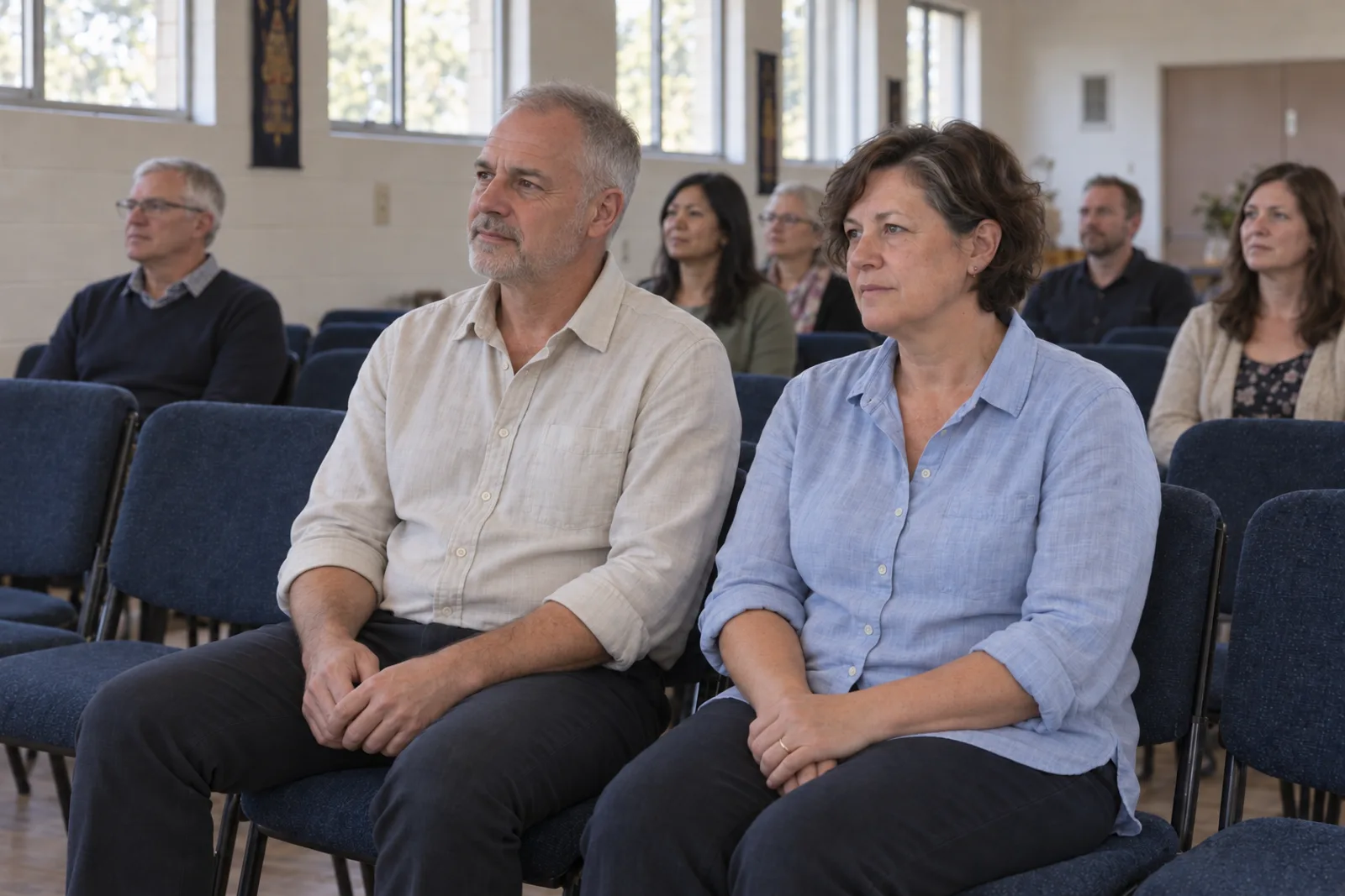 The volunteer sits in the congregation beside another member, hands resting in their lap, looking towards the front of the room.
