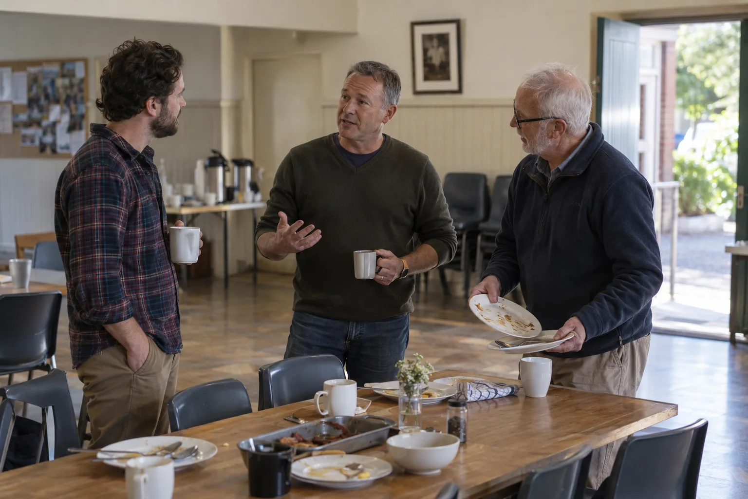 Three men continue a conversation while clearing breakfast plates in a church hall.