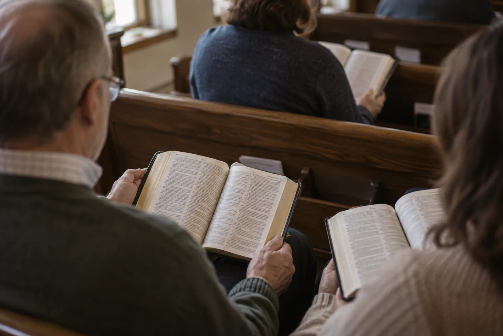 Two people in a church pew follow a reading in their own open Bibles.