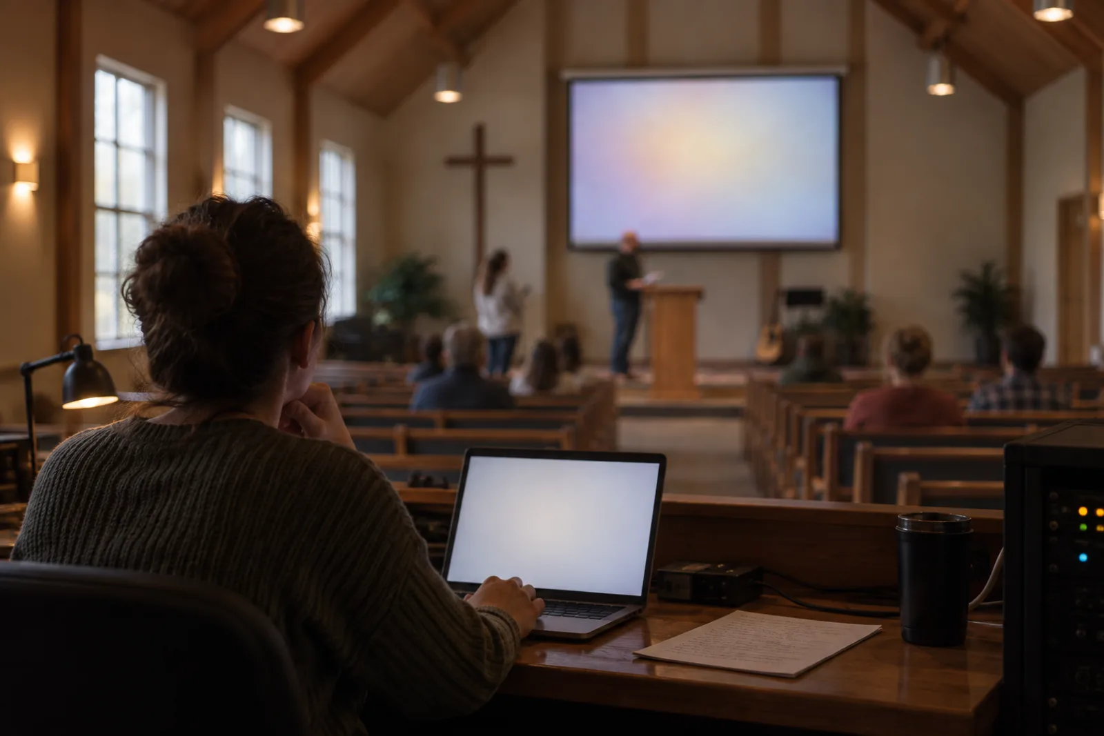 A volunteer sits at a projection desk at the back of a church, a laptop and a printed sheet of notes in front of them, looking toward the front of the room.