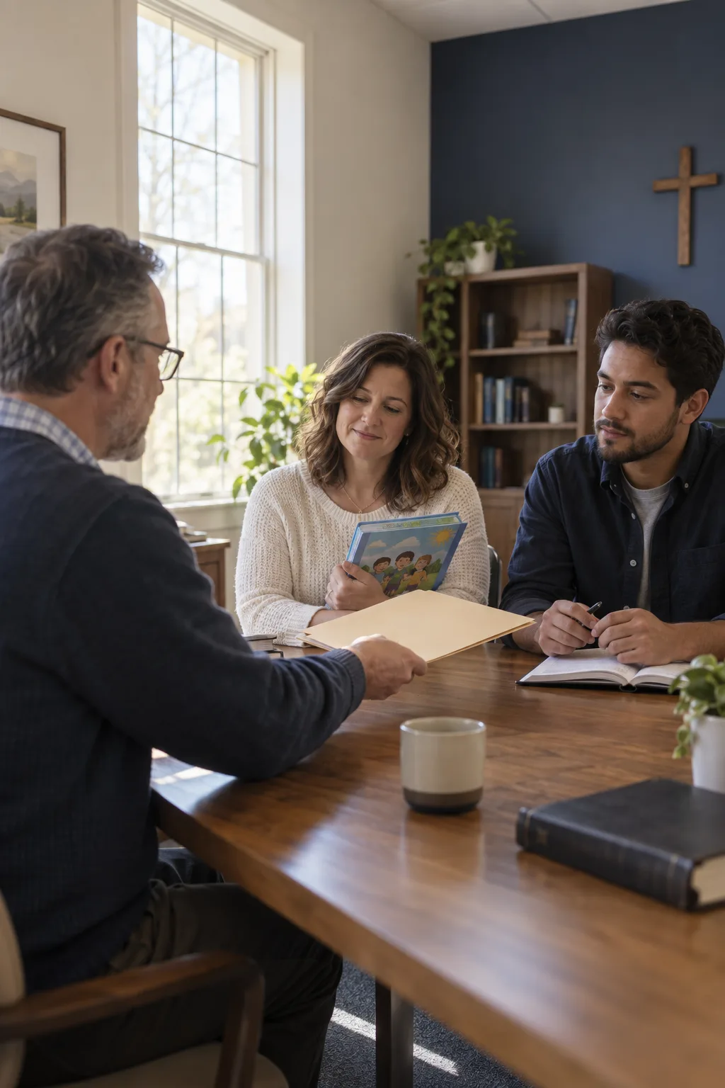 A pastor passes a folder of sermon notes across a table to a Sunday School teacher and a youth leader.