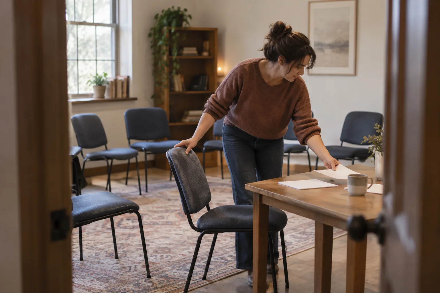A volunteer arranges chairs and blank teaching sheets in a church meeting room.