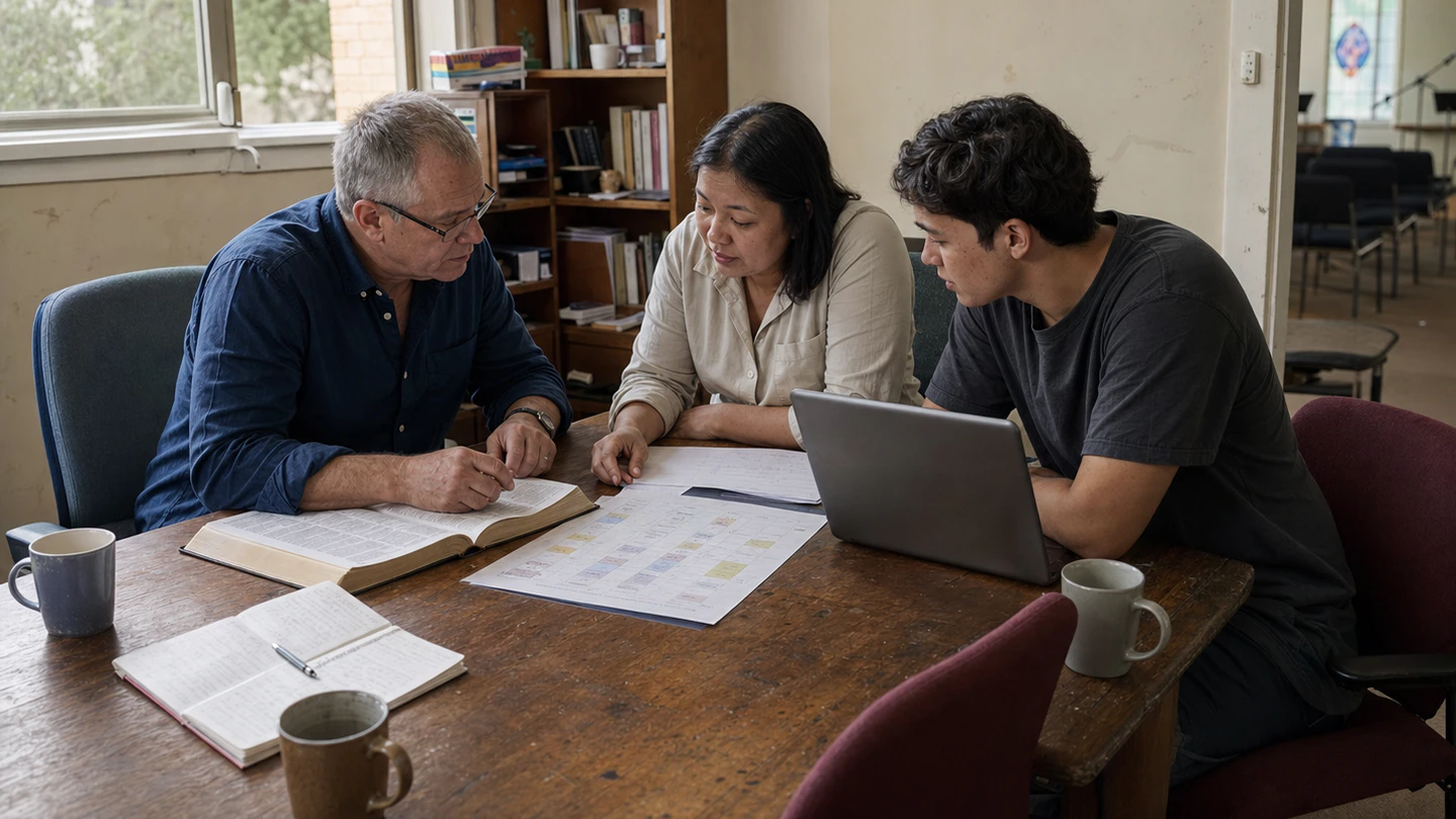 AI-generated editorial image of an adult church ministry team planning around an open Bible and ministry notes.